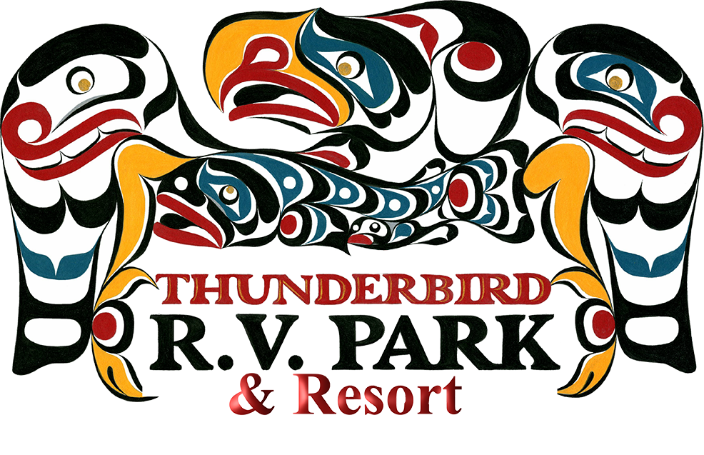 A bold, stylized Indigenous art design of two thunderbirds frames the words "Thunderbird R.V. Park & Resort" in large red and black text. The artwork features red, yellow, blue, and black patterns.