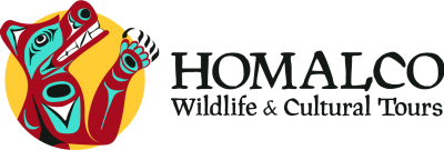 Logo for Homalco Wildlife & Cultural Tours featuring a stylized, colorful Indigenous art bear holding a paw up, set against a yellow circle, with the company name in bold text to the right.