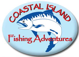 Logo with a large blue fish and the words "Coastal Island Fishing Adventures" in red and blue on a light blue oval background.