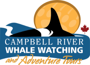 Logo for Campbell River Whale Watching and Adventure Tours featuring an orca fin with a stylized sun in the background and the company name written across the image.