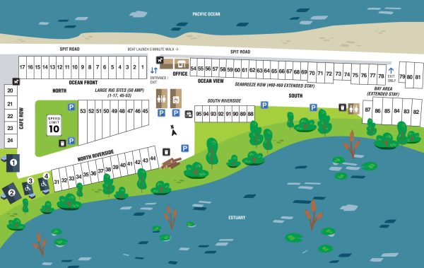 Illustrated campground map showing numbered sites along a waterfront with roads, parking areas, office, restrooms, and green spaces with trees. The Pacific Ocean and estuary border the map.