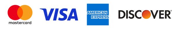 Logos of four major credit card companies shown from left to right: Mastercard, Visa, American Express, and Discover, each with their distinctive colors and designs on a white background.